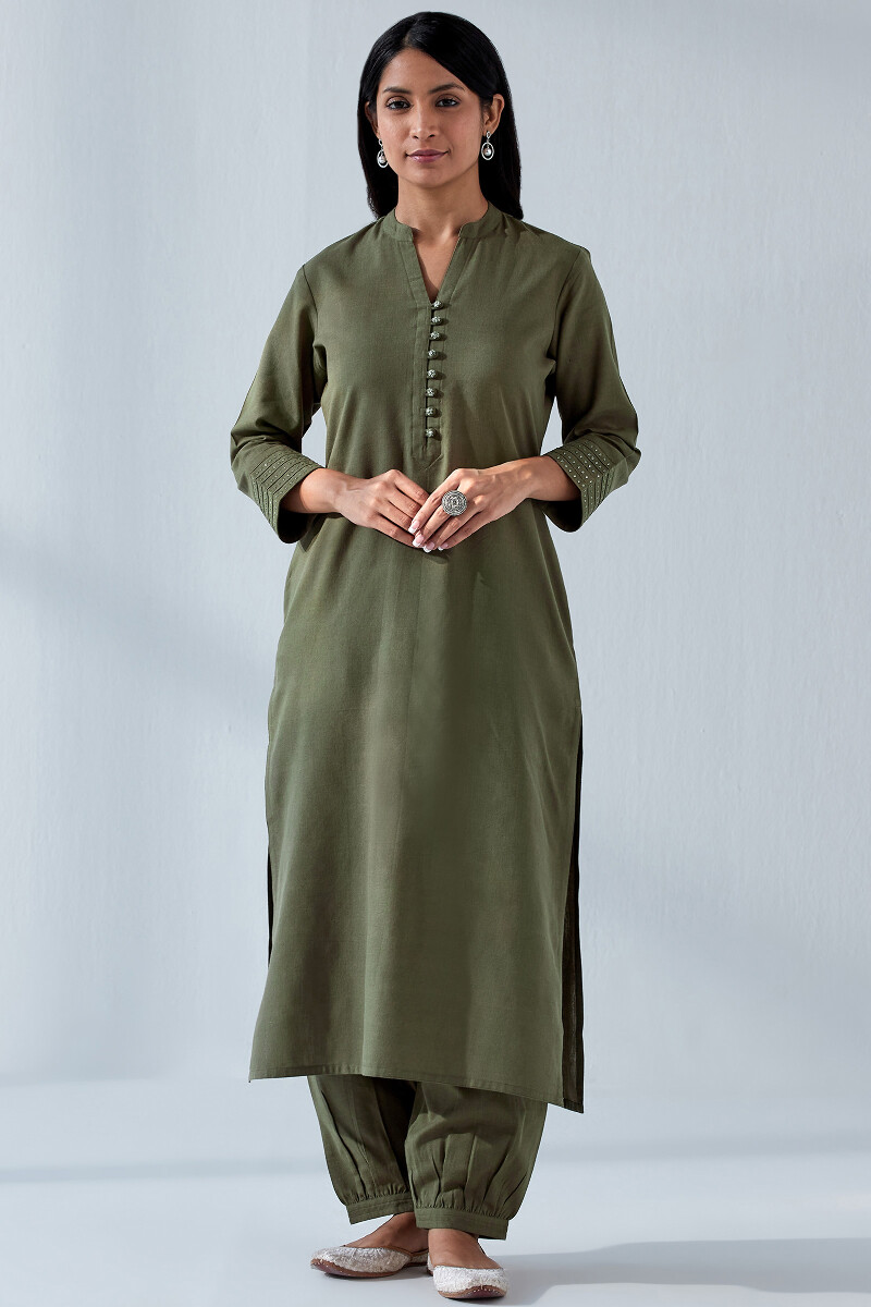 Olive Green Handcrafted Straight Handloom Kurta