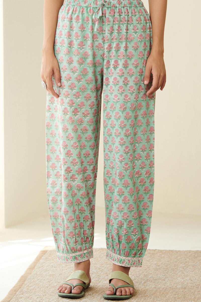 Green Hand Block Printed Cotton Izhaar Pants
