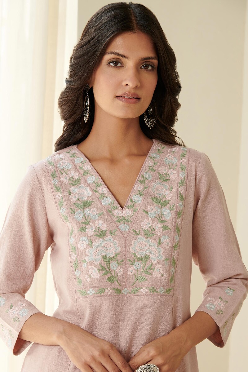 Pink Handcrafted Straight Cotton Flax Kurta