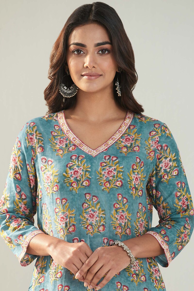 Blue Hand Block Printed Straight Modal Kurta