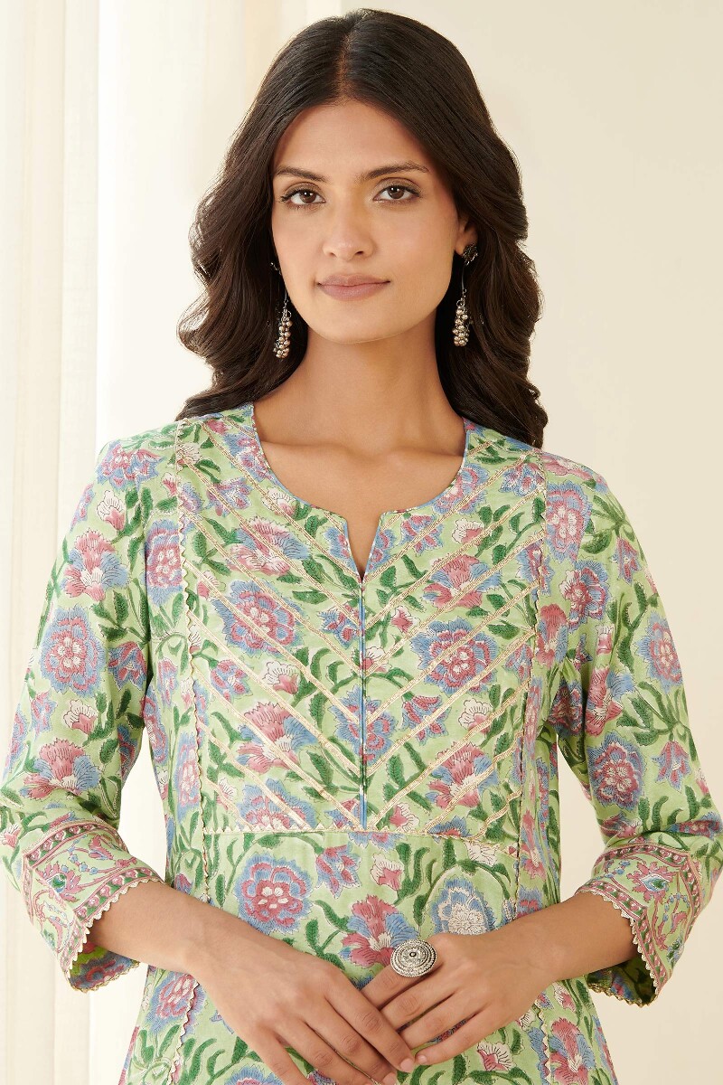 Green Block Printed Straight Cotton Kurta