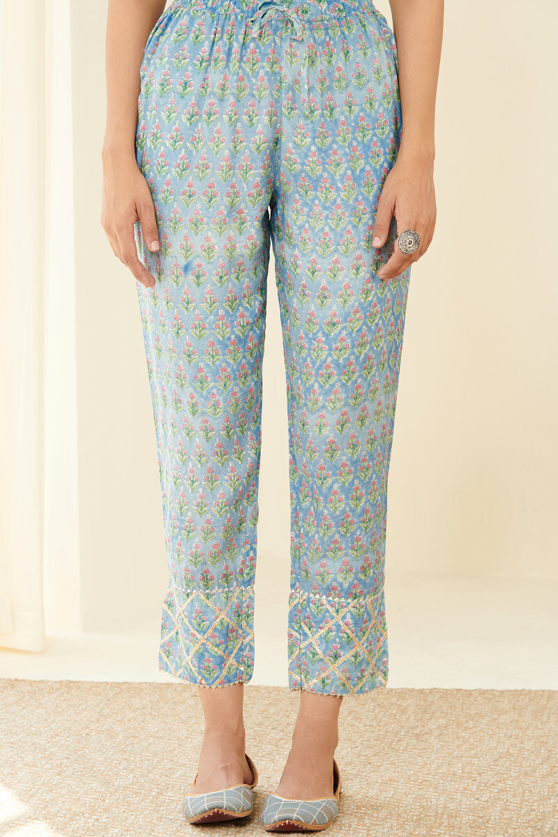 Blue Hand Block Printed Modal Narrow Pants