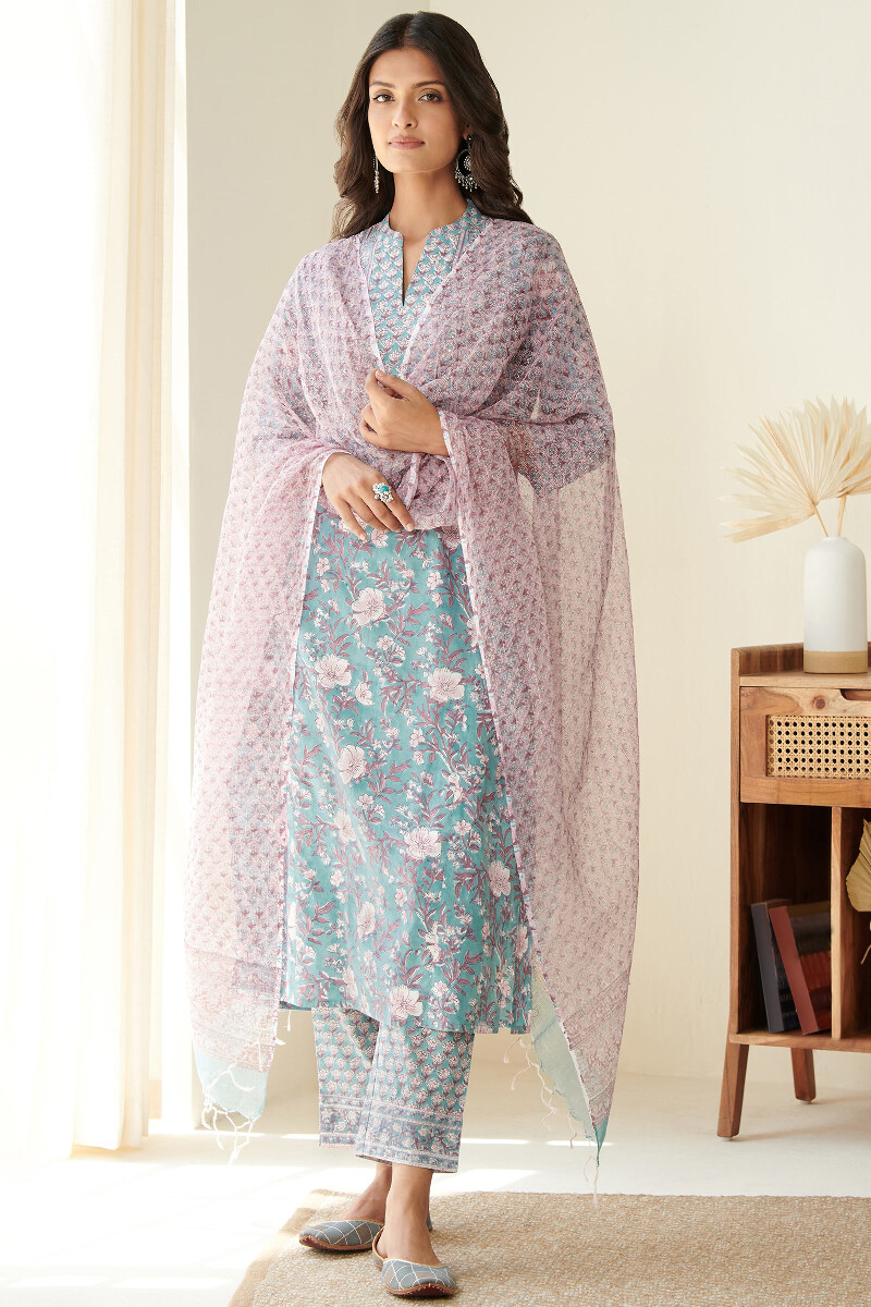 Blue Hand Block Printed Kota Dupatta