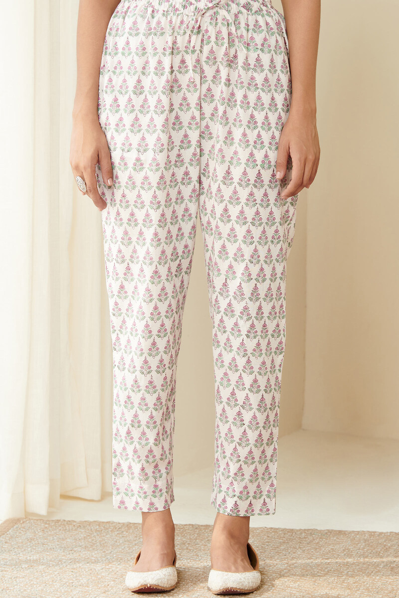 White Hand Block Printed Cotton Cigarette Pants
