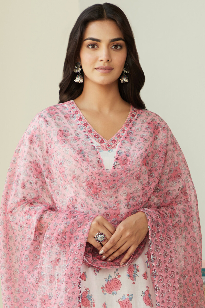 Pink Hand Block Printed Kota Dupatta