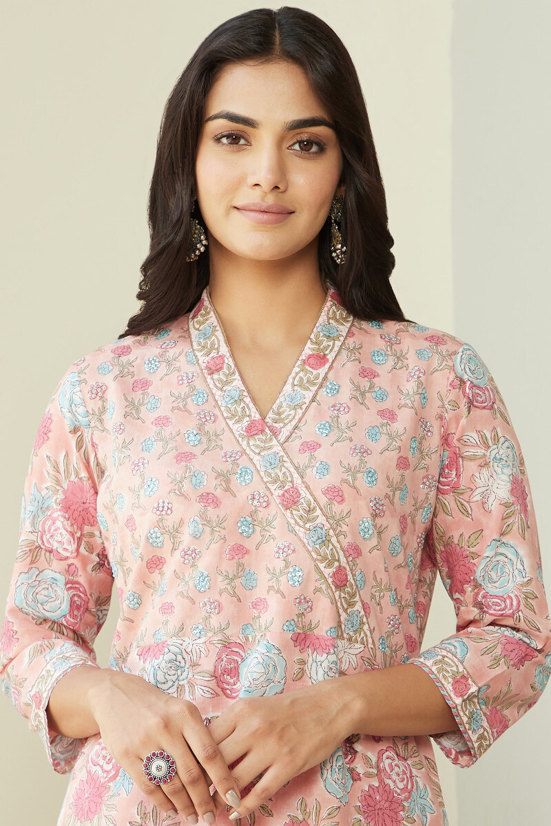 Pink Hand Block Printed Straight Cotton Kurta