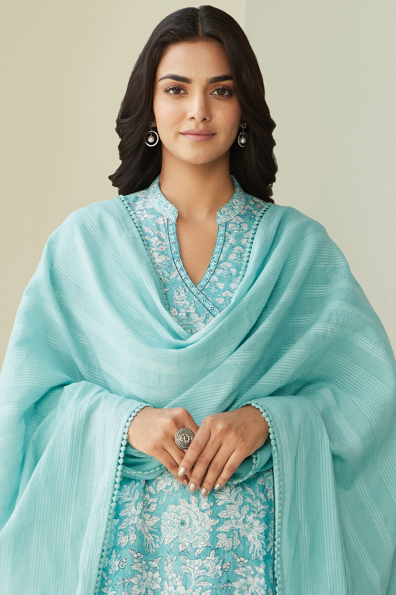 Blue Handcrafted Cotton Dobby Dupatta
