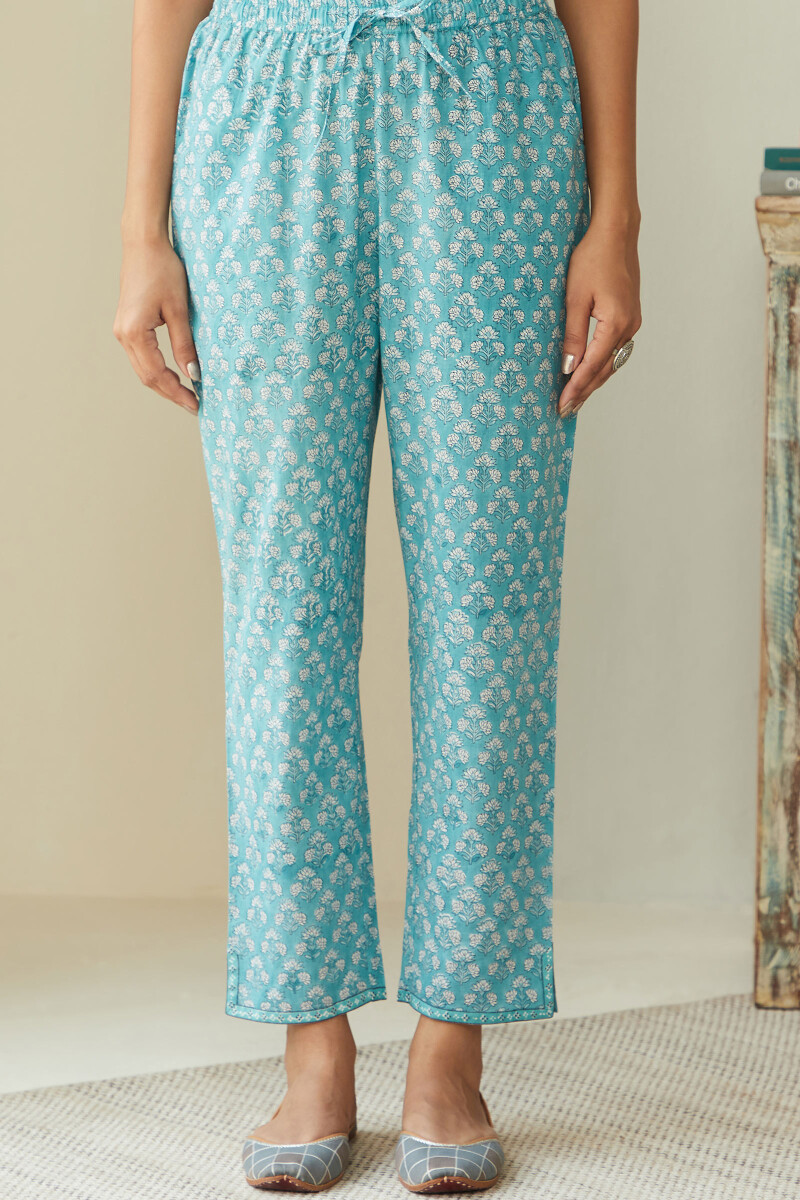 Blue Hand Block Printed Cotton Narrow Pants