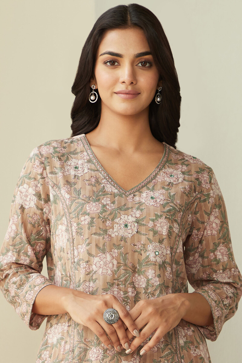 Brown Hand Block-Printed Straight Cotton Dobby Kurta