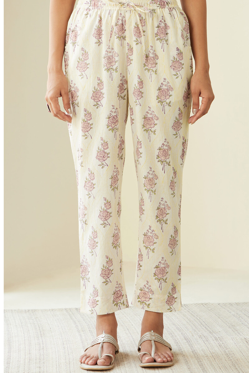 Yellow Hand Block-Printed Cotton Narrow Pants