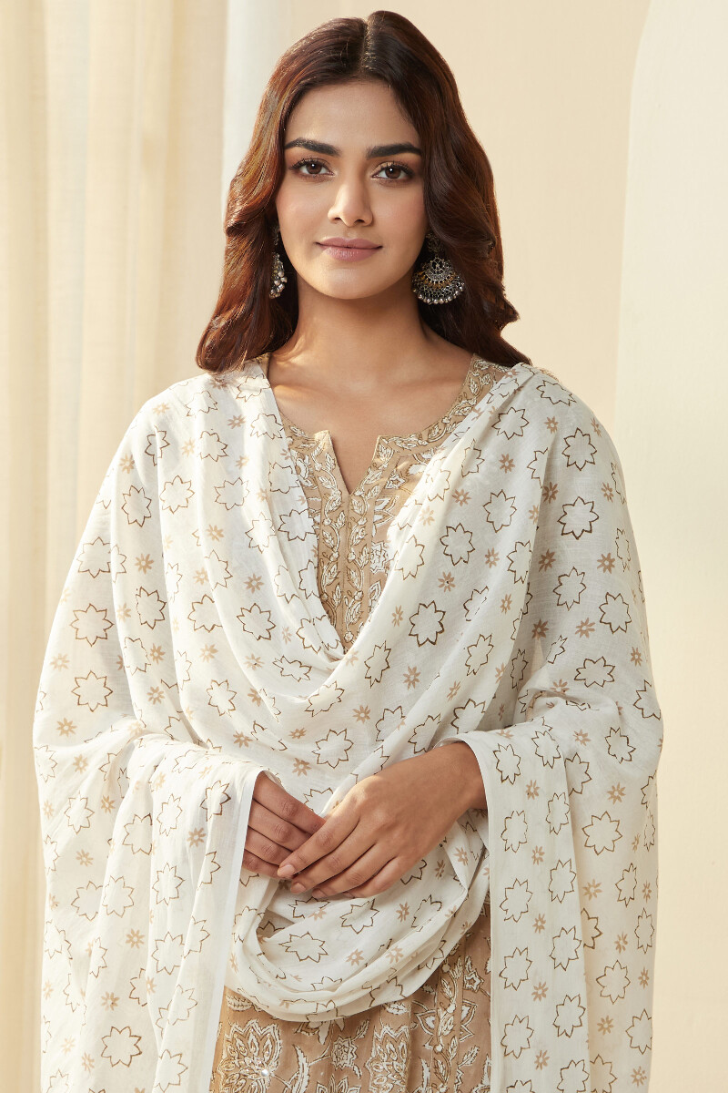 White Hand Block Printed Cotton Dupatta