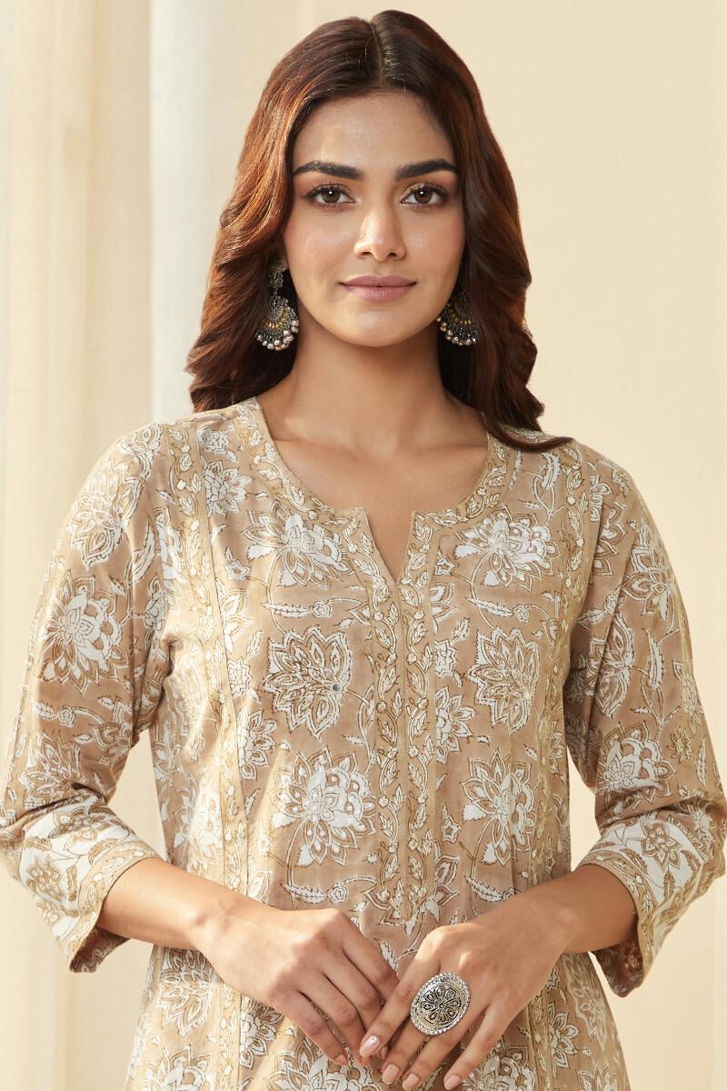 Brown Hand Block Printed Straight Cotton Kurta