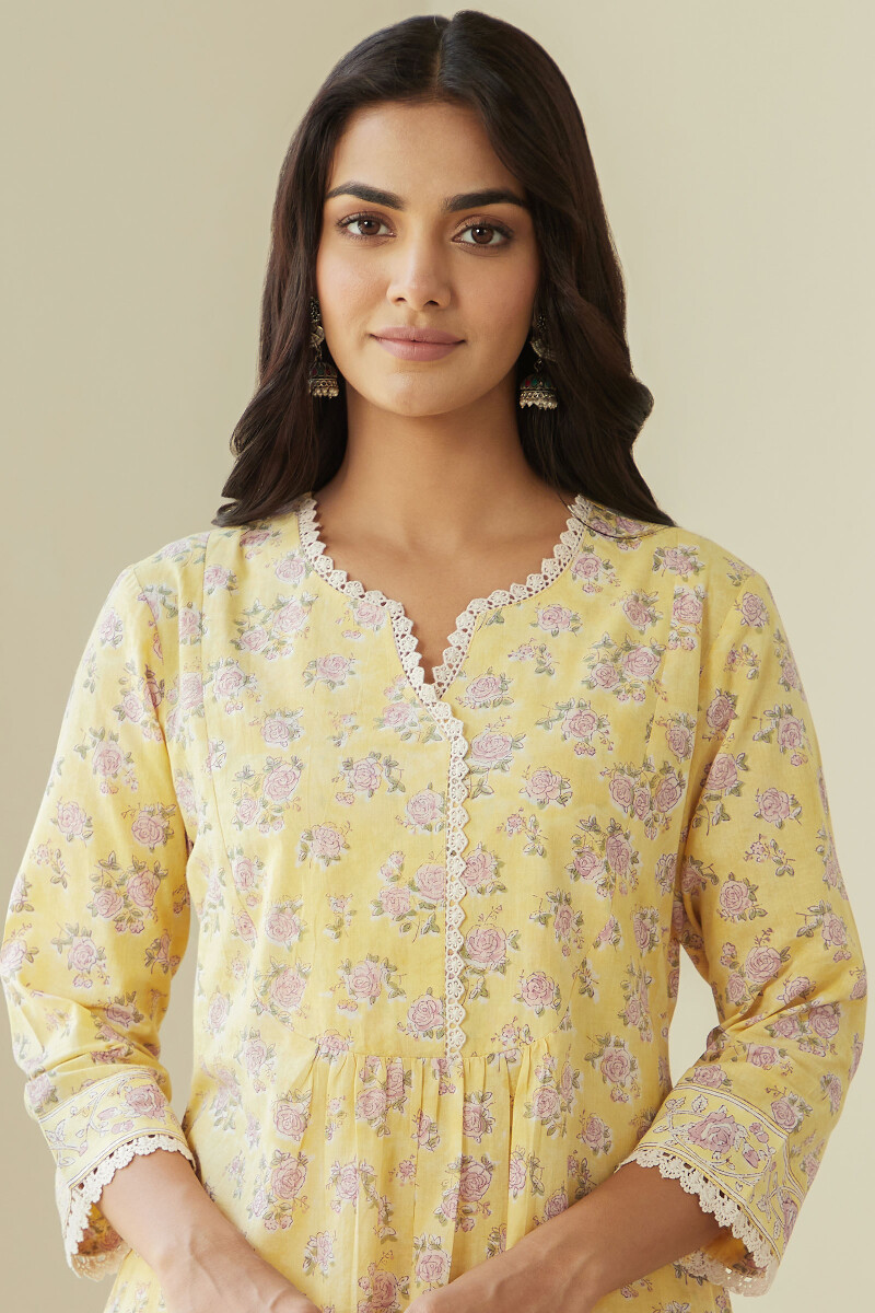 Yellow Hand Block Printed A-Line Cotton Kurta