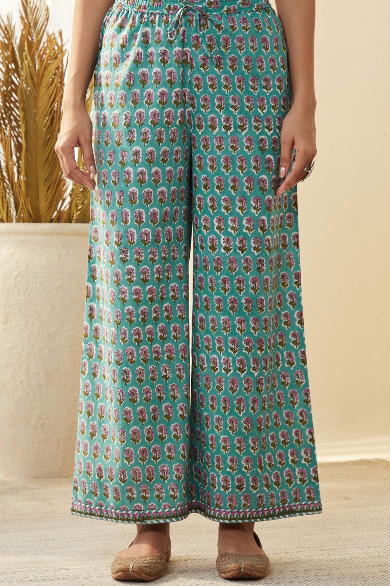Turquoise Hand Block-Printed Cotton Farsi