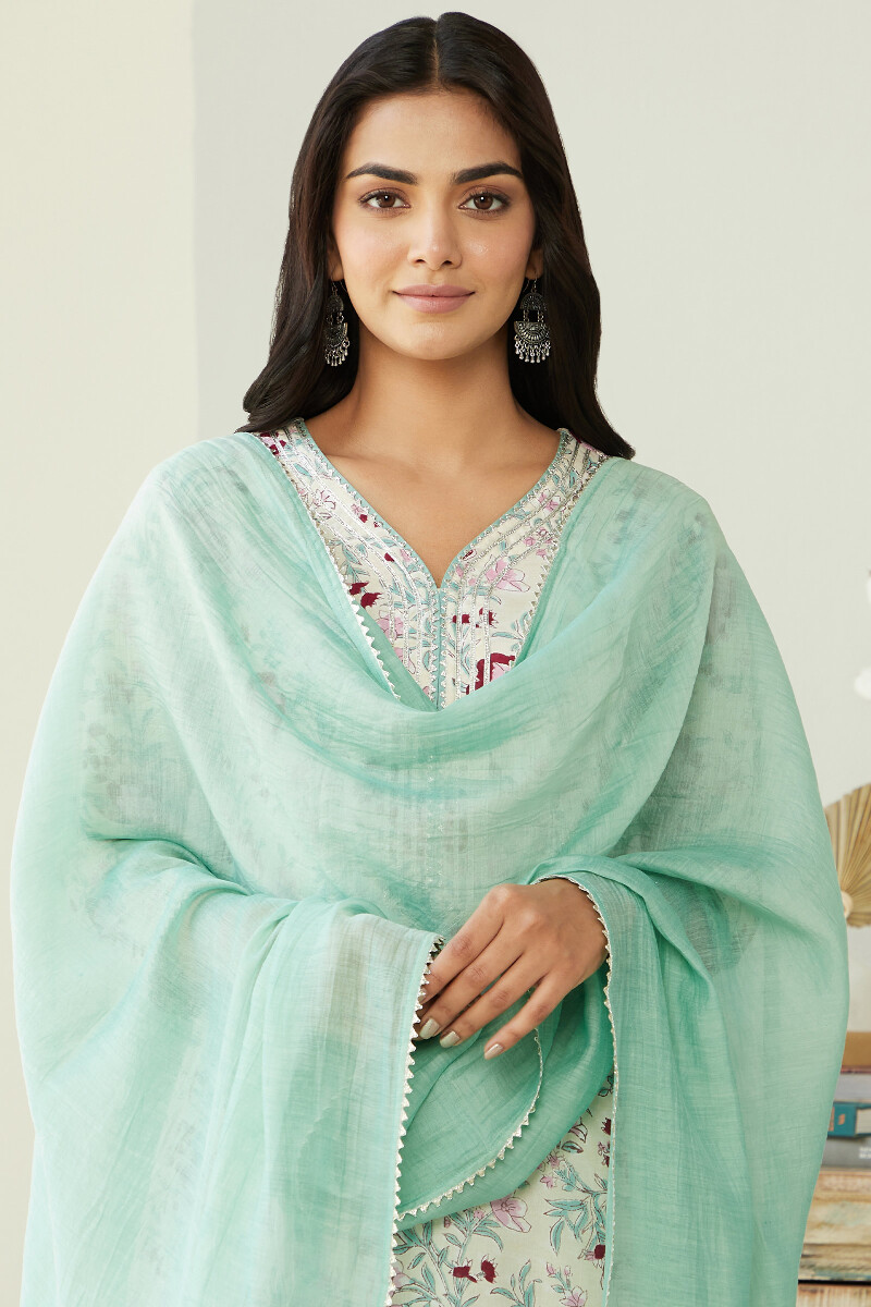 Turquoise Handcrafted Cotton Silk Dupatta