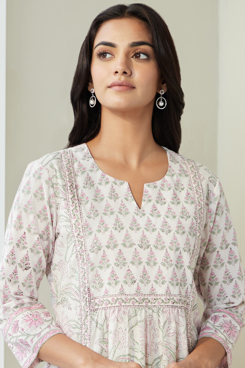 White Hand Block-Printed A-line Cotton Kurta