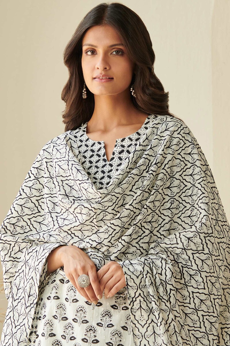 White Hand Block Printed Cotton Dupatta
