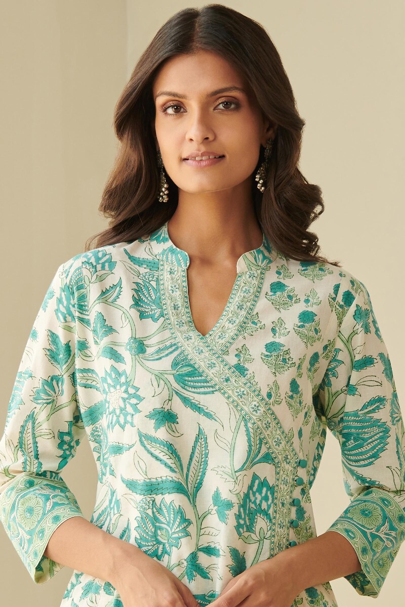 Turquoise Hand Block Printed A-Line Cotton Kurta