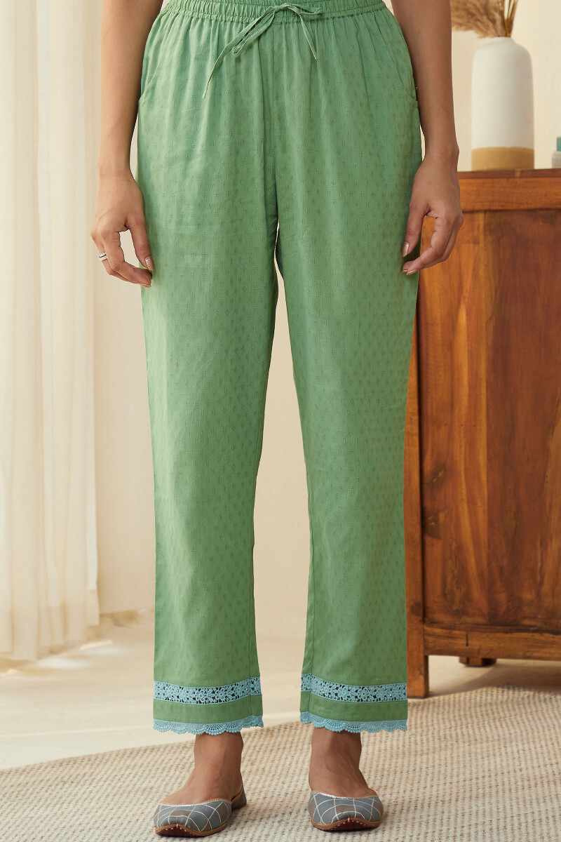 Green Handcrafted Cotton Dobby Narrow Pants