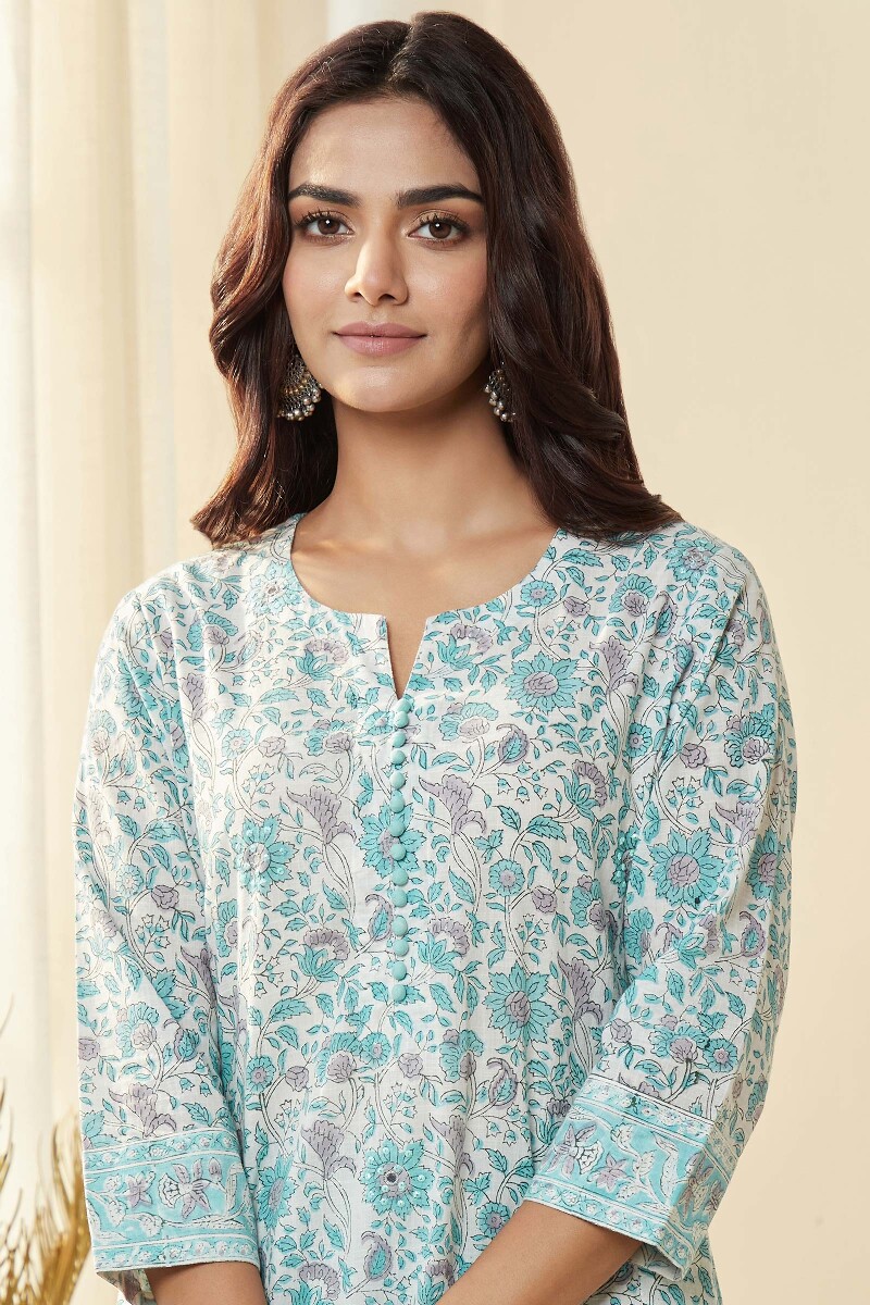 White Hand Block-Printed Straight Cotton Slub Kurta