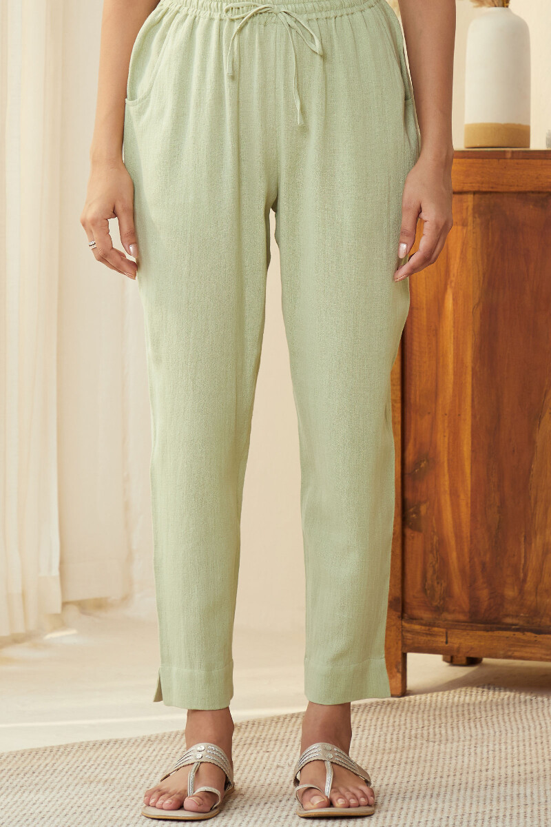 Light Green Handcrafted Cotton Flax Narrow Pants