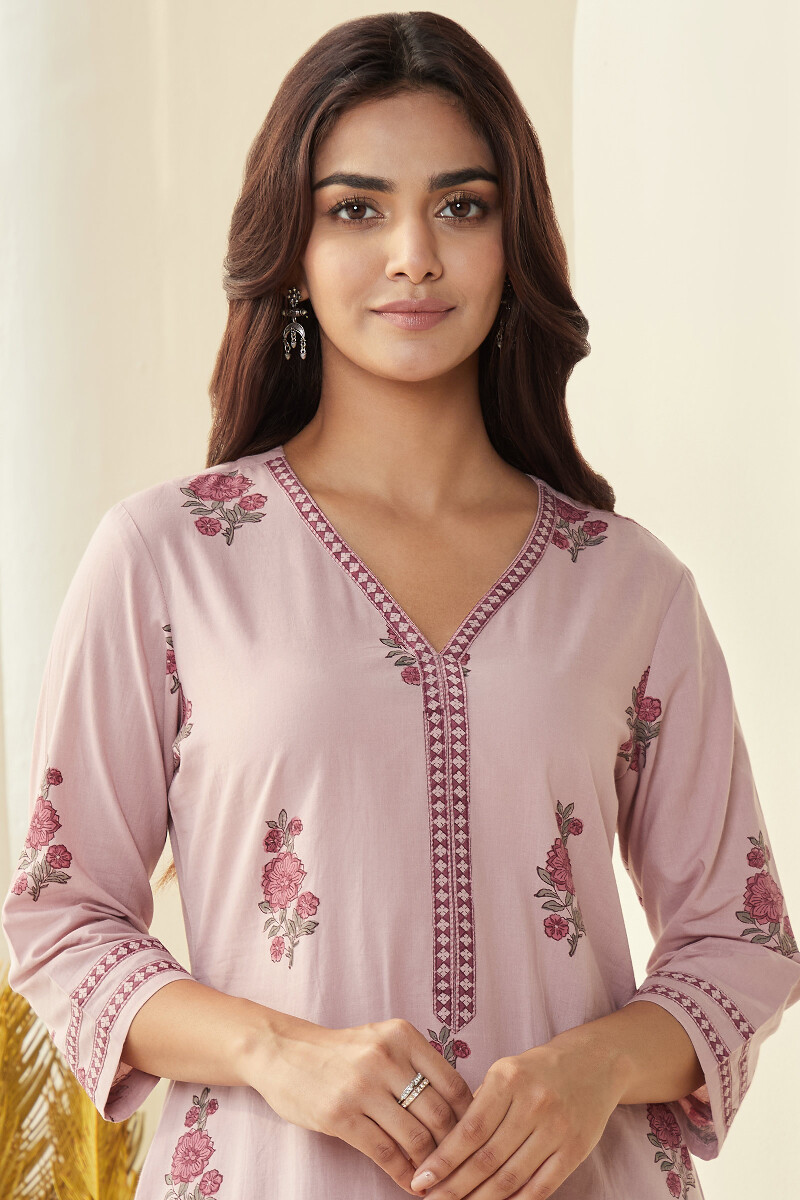 Purple Hand Block-Printed Straight Cotton Kurta