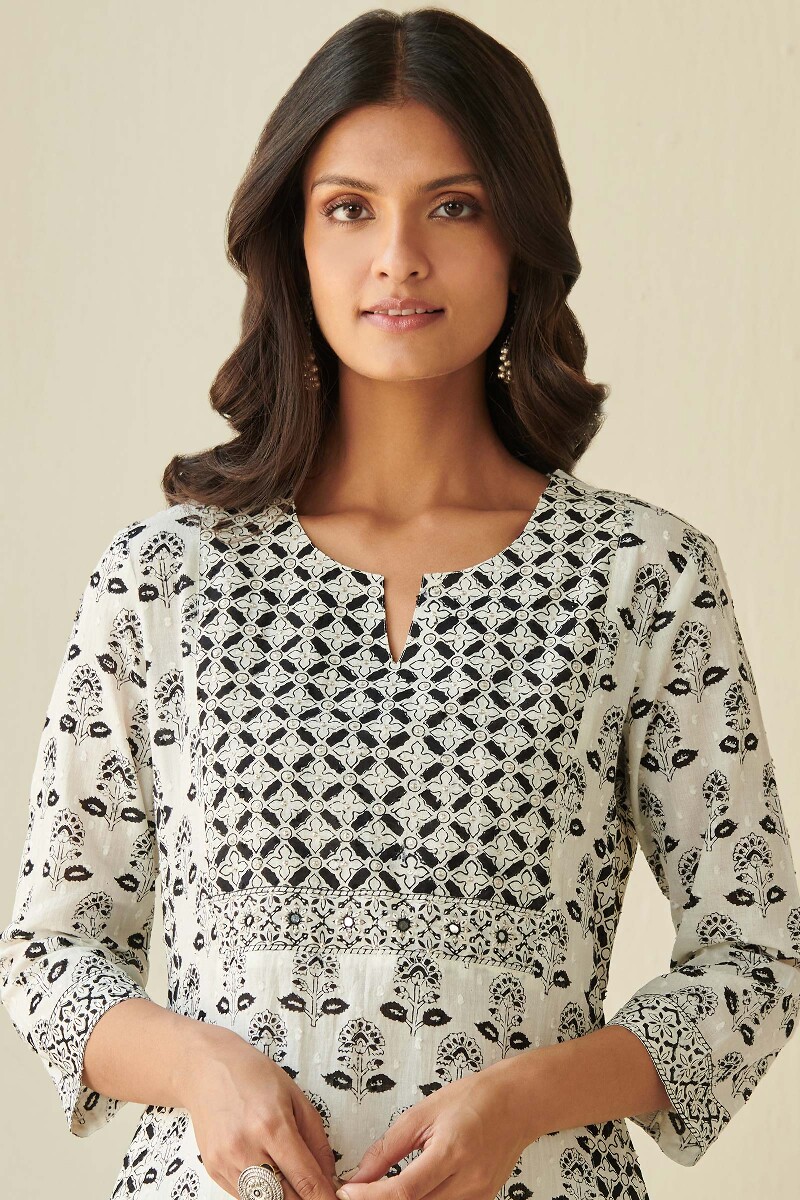 White Hand Block Printed Straight Cotton Kurta