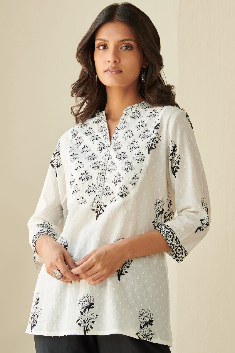White Hand Block-Printed Cotton Top