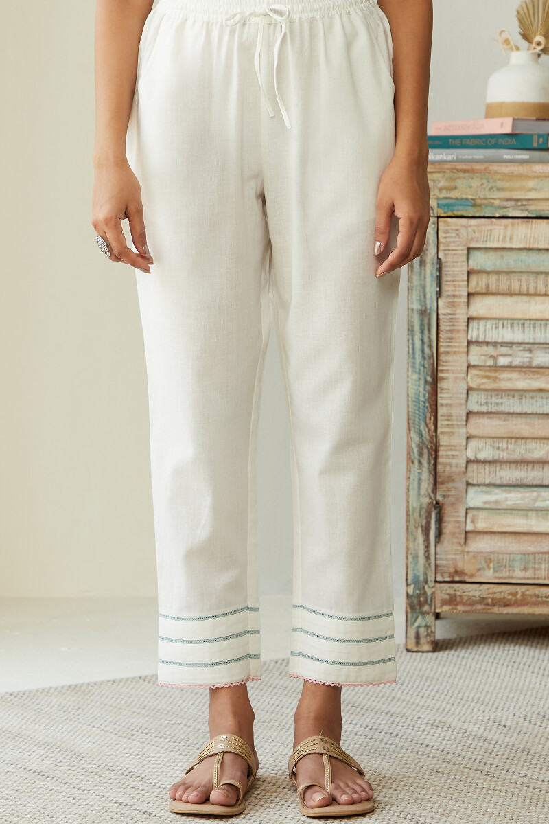 White Handcrafted Cotton Narrow Pants