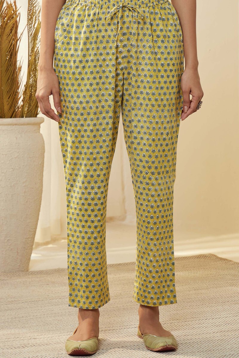 Mustard Hand Block-Printed Cotton Narrow Pants