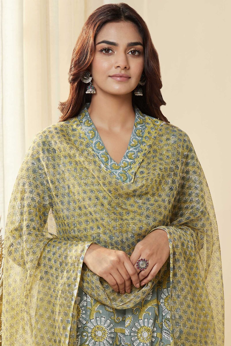 Mustard Hand Block-Printed Kota Dupatta