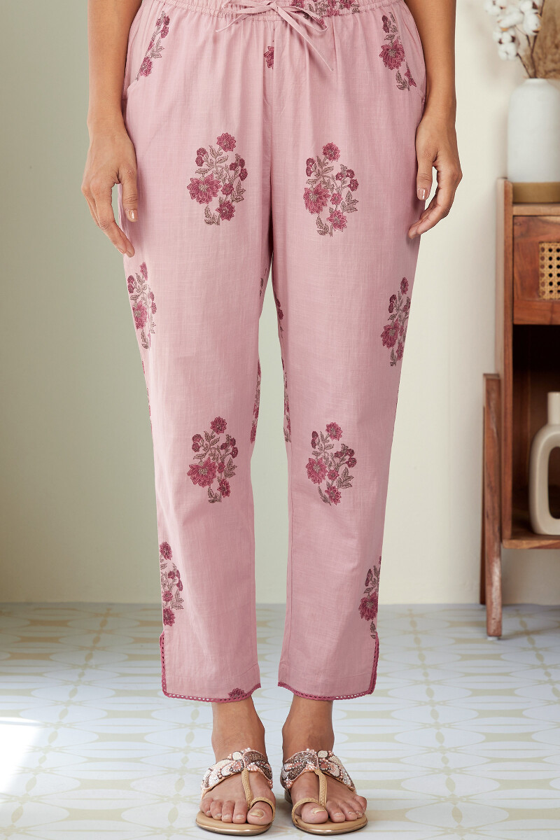 Purple Hand Block-Printed Cotton Slub Narrow Pants