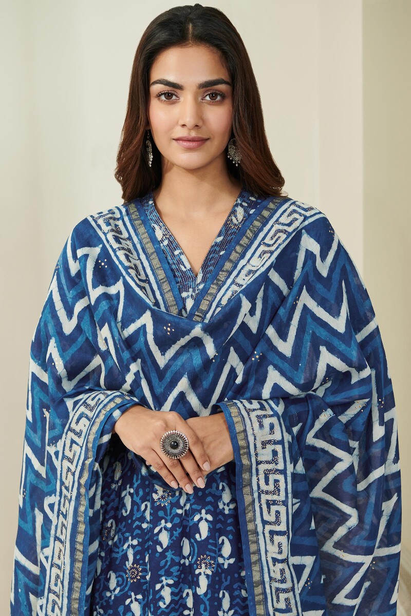 Indigo Hand Block-Printed Chanderi Dupatta