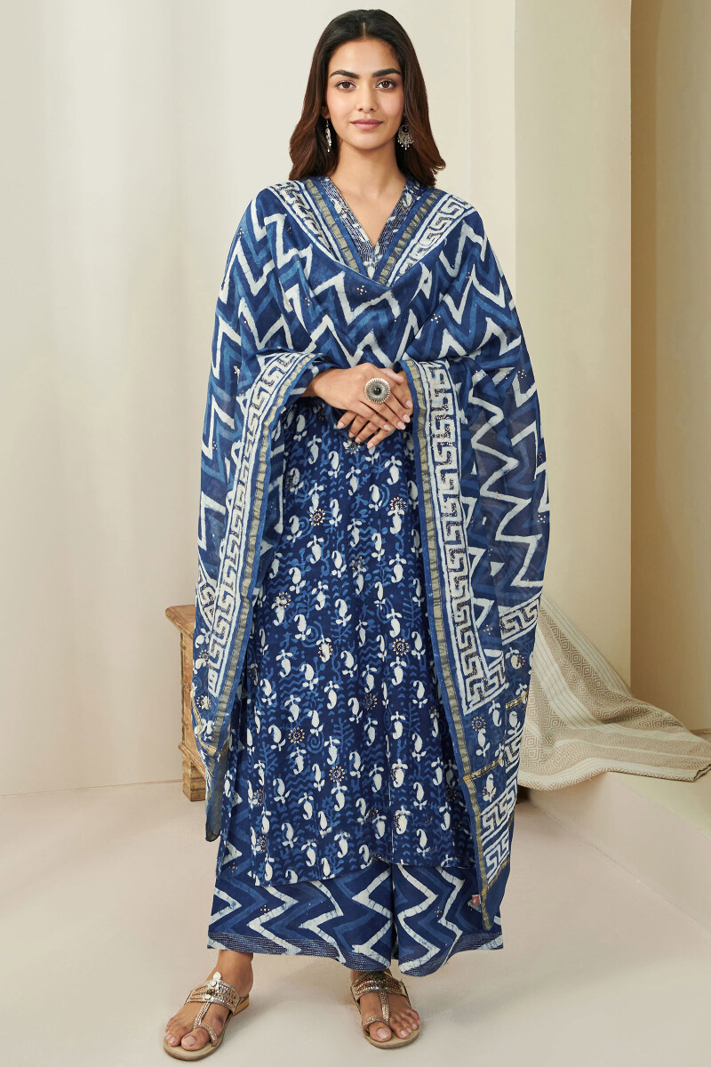 Indigo Hand Block-Printed Chanderi Dupatta