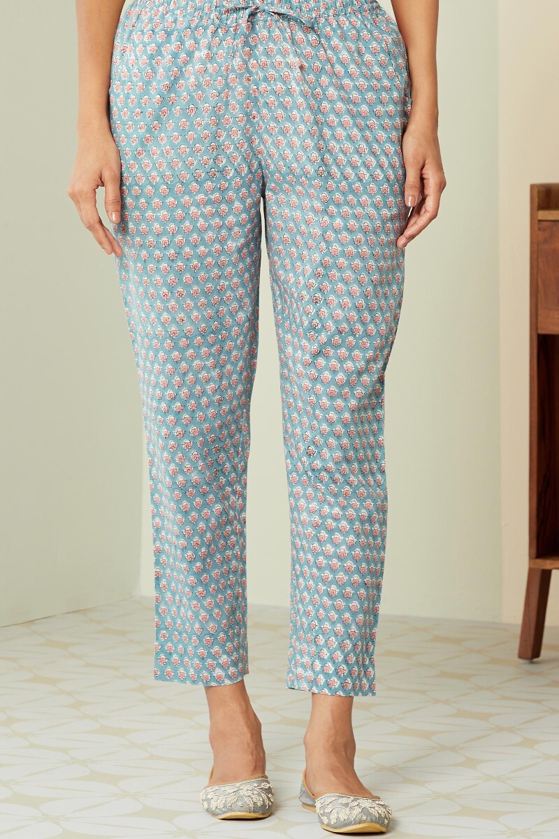 Crystal Blue Hand Block-Printed Cotton Narrow Pants