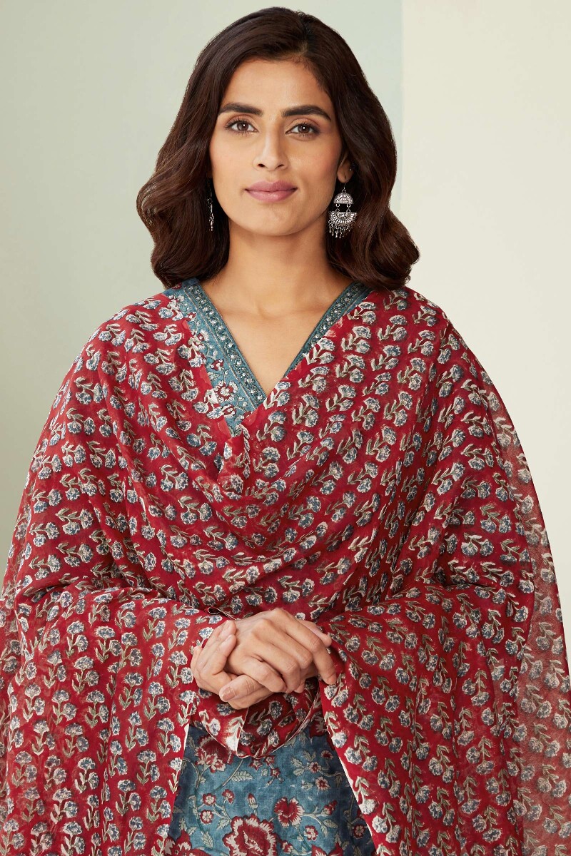 Red Hand Block-Printed Chanderi Dupatta