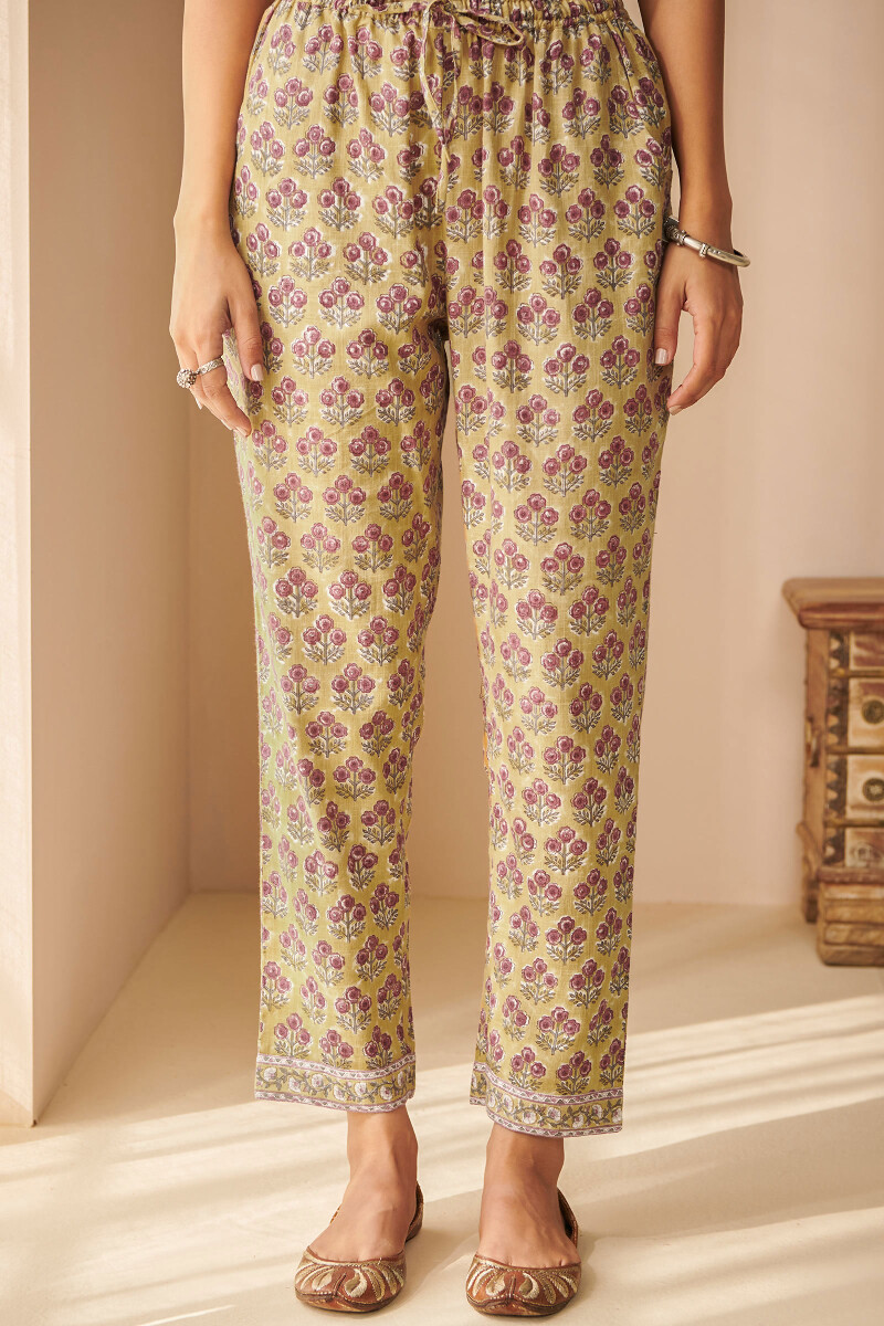 Mustard Yellow Hand Block-Printed Cotton Slub Narrow Pants