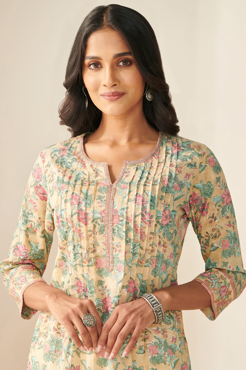 Yellow Hand Block-Printed Straight Cotton Kurta