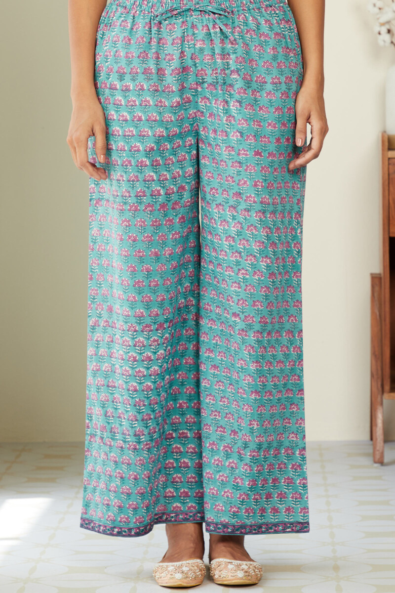 Turquoise Hand Block-Printed Cotton Farsi