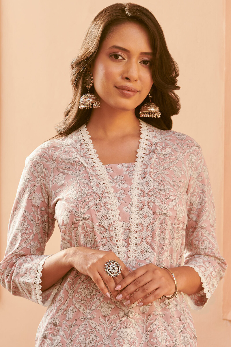 Pink Hand Block-Printed Straight Cotton Kurta