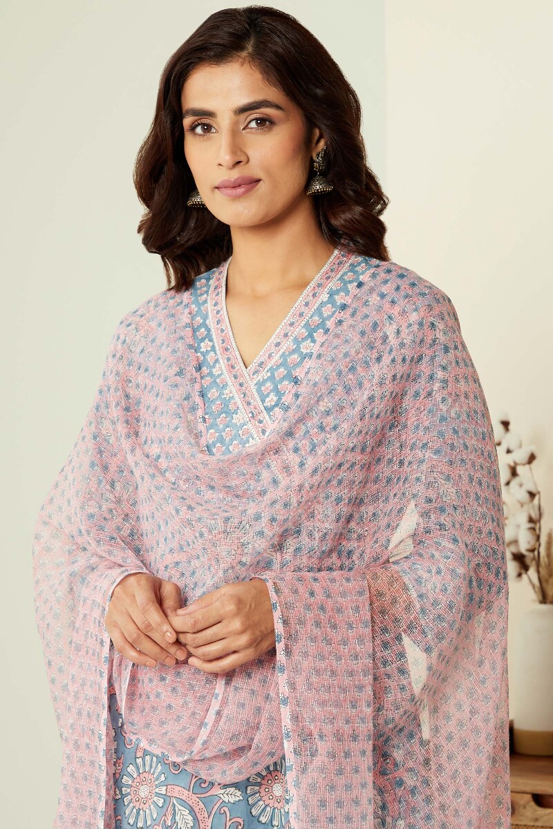 Pink Hand Block-Printed Kota Dupatta