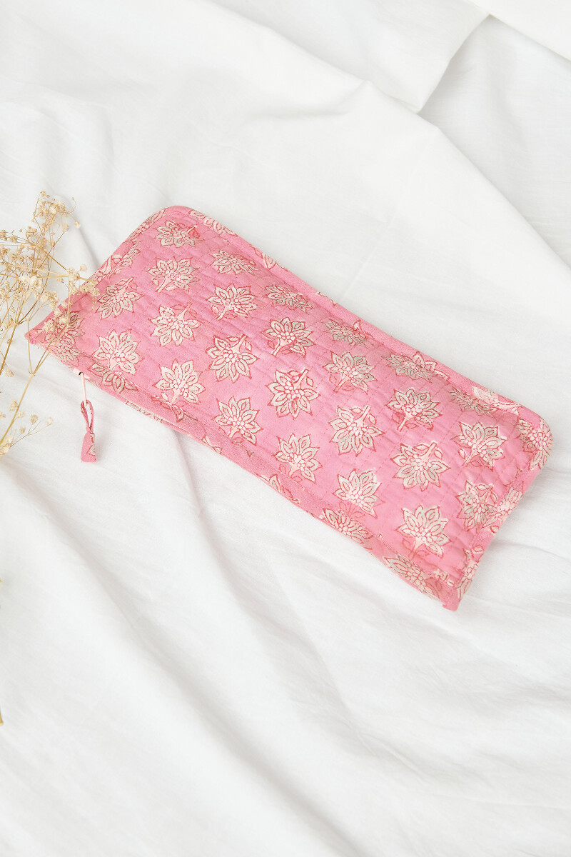Pink Hand Block-Printed Cotton Pencil Pouch