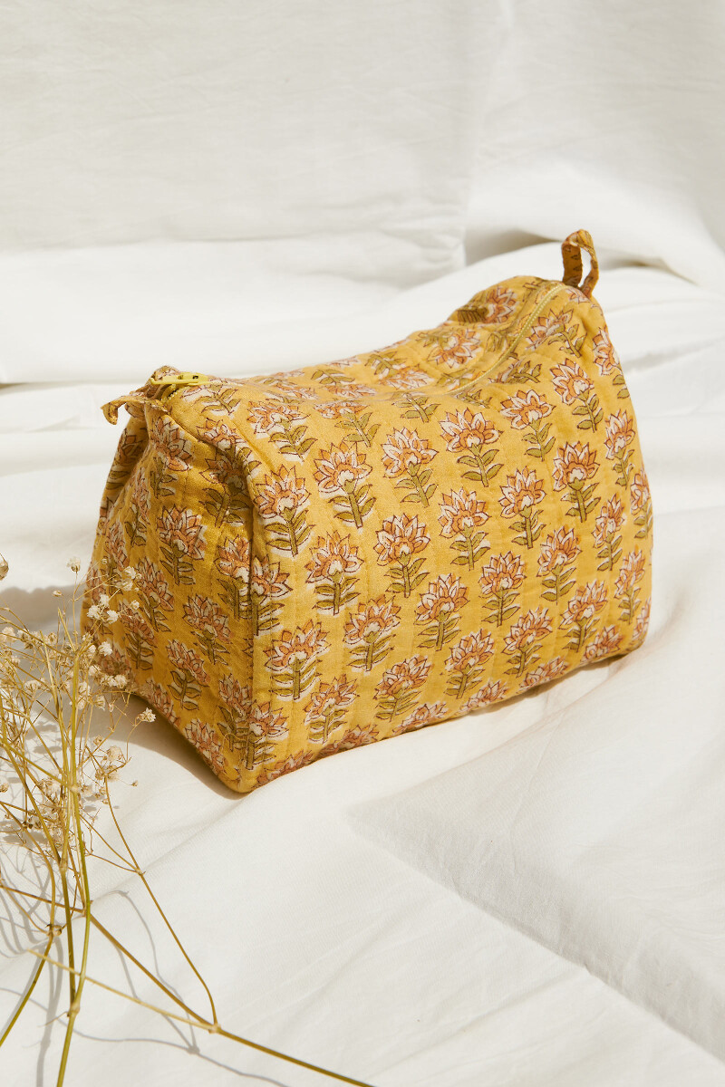 Yellow Hand Block-Printed Cotton Vanity Pouch