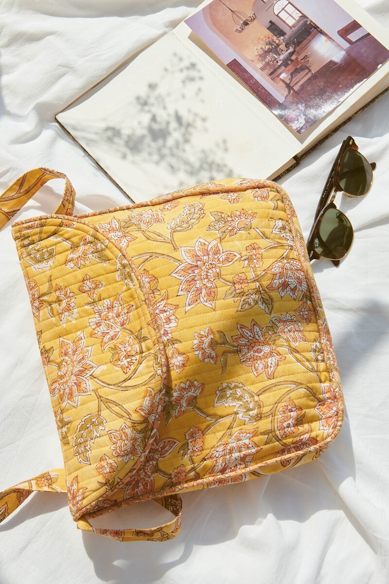 Yellow Hand Block-Printed Cotton Crossbody Bag