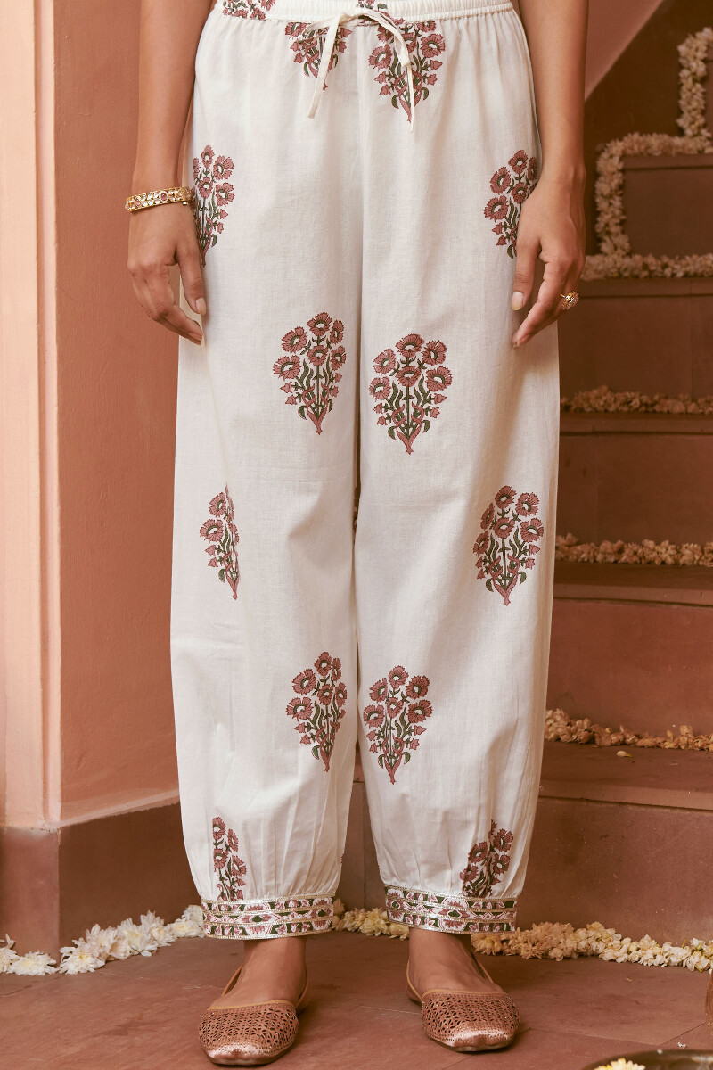 White Hand Block-Printed Cotton Izhaar Pants