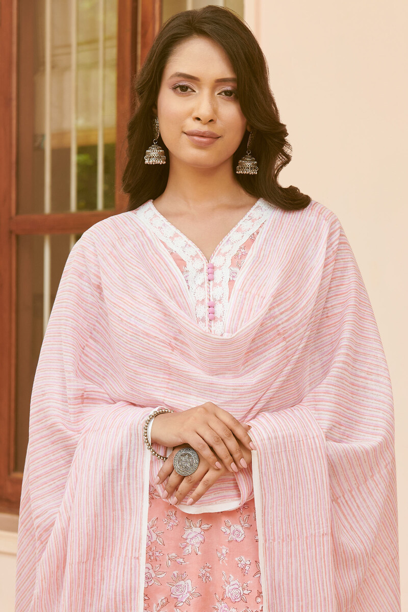 Pink Hand Block-Printed Cotton Mul Dupatta