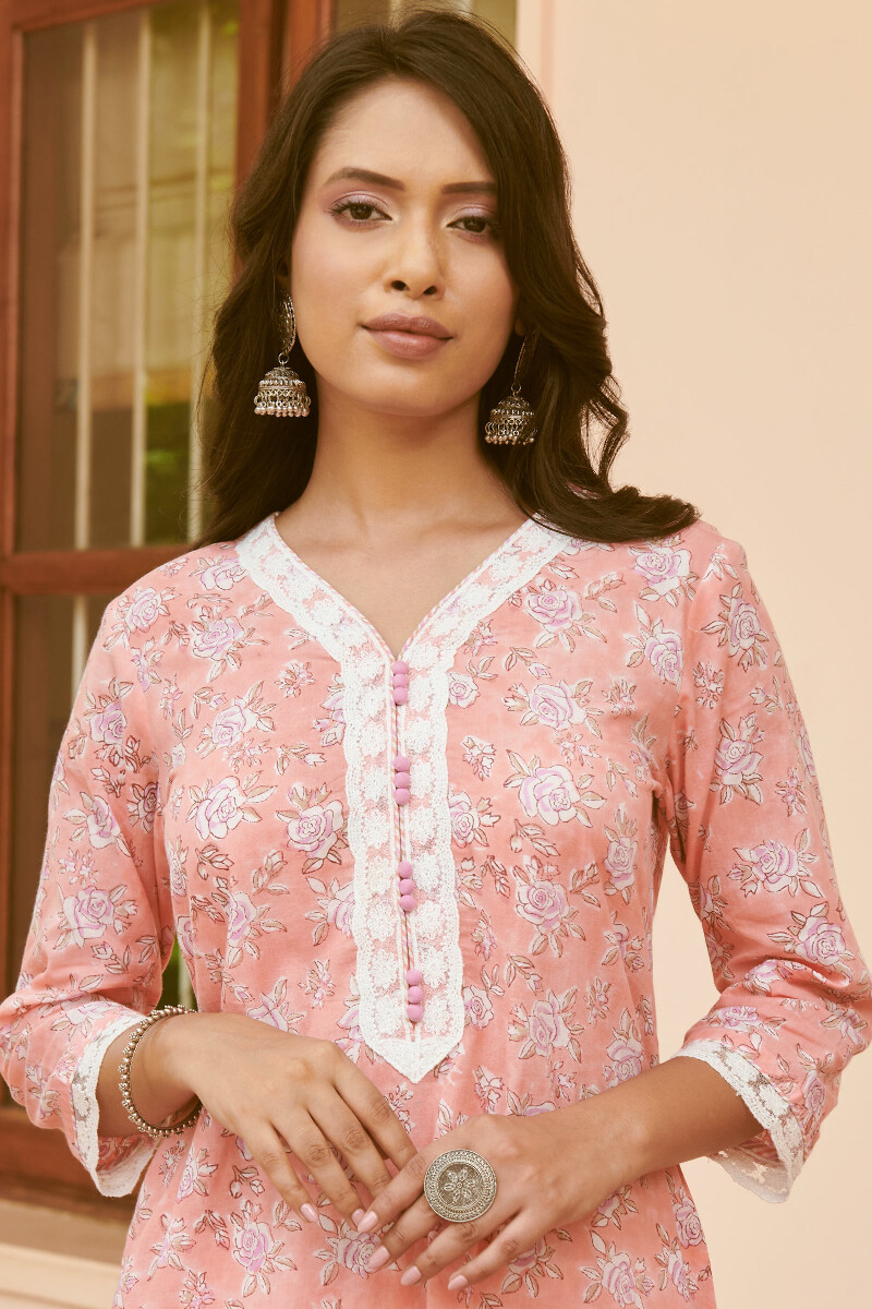 Pink Hand Block-Printed Straight Cotton Kurta