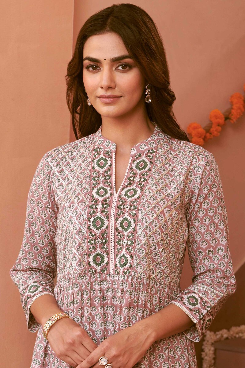 Brown Hand Block-Printed A-Line Cotton Mul Kurta