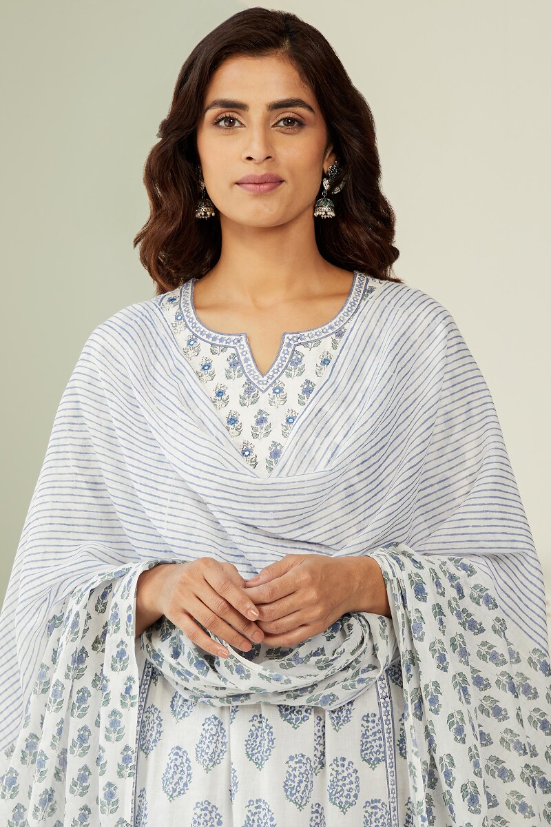 White Hand Block-Printed Cotton Mul Dupatta