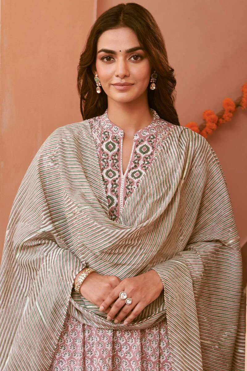 Green Hand Block-Printed Cotton Mul Dupatta